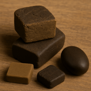 Premium imported hash bricks stacked on a wooden surface – showcasing different textures and shapes.