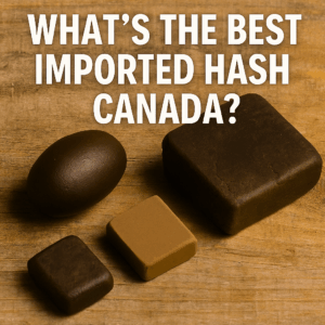 Five pieces of imported hash displayed on a ceramic surface with a warm beige background