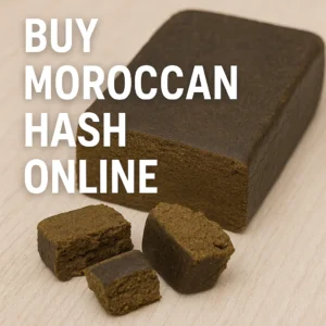 close-up of Moroccan hash slab with cut cubes on a light surface and “buy moroccan hash online” headline