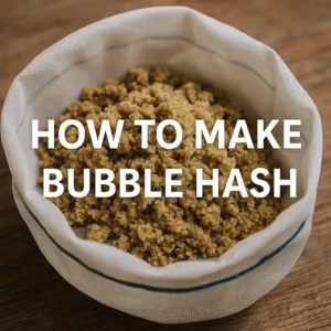 mesh-lined bowl filled with blond bubble hash granules labeled “how to make bubble hash”