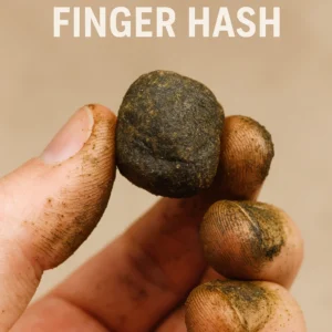 close-up of a small ball of finger hash held between resin-stained fingertips