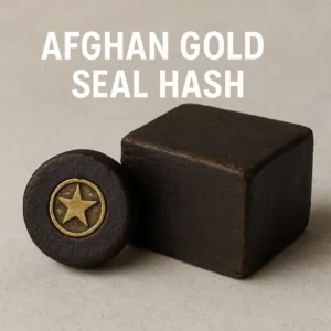 dark afghan gold seal hash cube beside round puck stamped with gold star emblem