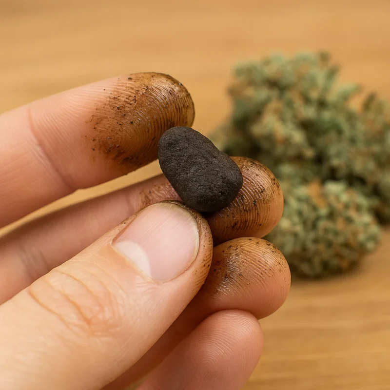 pea-sized piece of finger hash pinched between fingertips with a cannabis bud blurred in the background