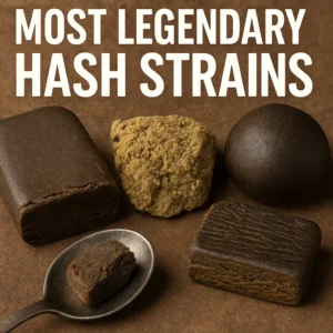 assorted legendary hash styles—a dark Afghan brick, blond crumbly piece, glossy temple ball, pressed slab, and a spoon sample—on brown backdrop