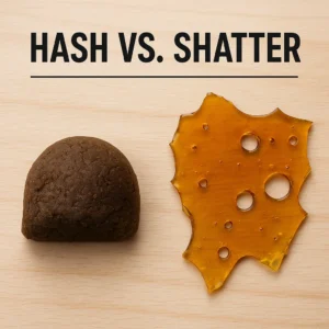 Pressed hash chunk and golden shatter piece side by side on a wooden surface, showing the contrast between natural and modern cannabis extracts.