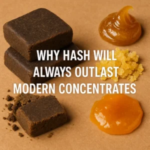 Stacked dark hash blocks beside modern cannabis concentrates like crumble, wax, and sauce on a brown surface, showing the contrast between old and new extracts.