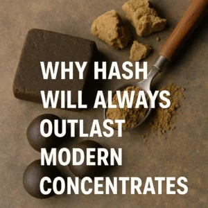 Pressed hash bricks, powdered kief in a spoon, and rolled hash balls displayed on a rustic surface beside modern extracts.