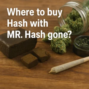 Golden-brown hash blocks, cannabis buds, and a rolled joint on a wooden table beside an open grinder and jar, symbolizing where to buy hash now that Mr. Hash is gone.