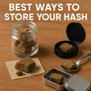 Different storage containers for hash including glass jars, tins, and parchment paper on a wooden surface.