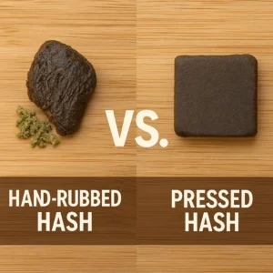 Hand-rubbed hash and pressed hash displayed on a wooden surface with visible texture differences.