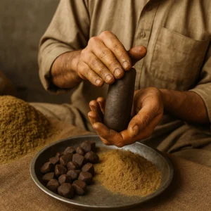 Artisan shaping traditional hashish by hand during the pressing process.