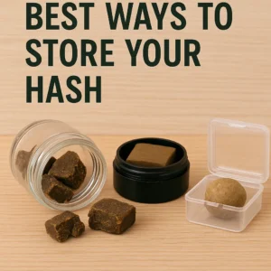 Hash stored in glass, metal, and plastic containers on a light wood surface.