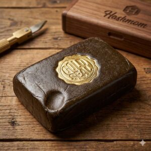 Close-up of a premium soft Gold Seal hash brick with a gold foil stamp on a wooden table.