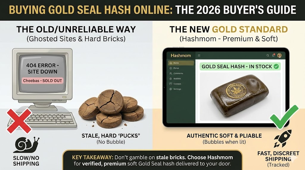Infographic comparing buying Gold Seal hash from unreliable ghosted sites versus buying fresh soft hash from Hashmom with fast shipping.