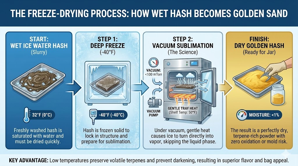 Step-by-step infographic showing how to make freeze dried hash, from wet slurry to sublimation to dry golden powder.