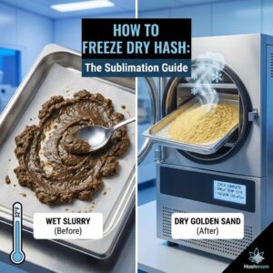 Split screen showing dark wet bubble hash slurry before freeze drying and pale golden hash powder after the sublimation cycle.
