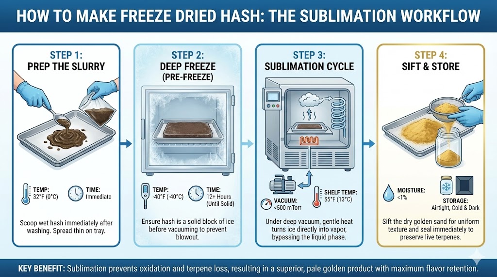 Step-by-step infographic illustrating the four stages of making freeze-dried hash, from wet slurry to sifting dry golden sand.
