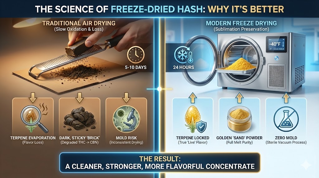Infographic comparing traditional air-dried hash to modern freeze-dried hash, highlighting the benefits of sublimation for terpene preservation and full melt purity.
