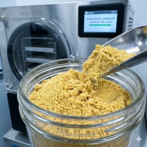 Close-up of premium golden freeze-dried hash powder in a glass jar with a stainless steel freeze dryer machine in the background.