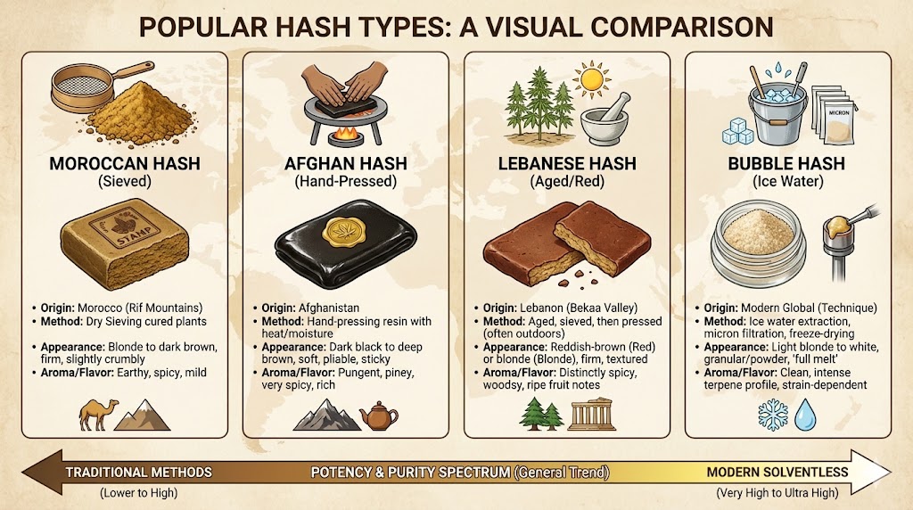 Educational infographic comparing popular hash types including Moroccan, Afghan, Lebanese, and modern Bubble Hash alongside their origins and extraction methods.